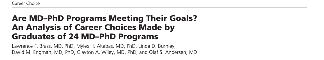 Linked image to the Academic Medicine Article - Are MD–PhD Programs Meeting Their Goals? An Analysis of Career Choices Made by Graduates of 24 MD–PhD Programs by Lawrence F. Brass, MD, PhD, et all